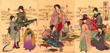 Women in a variety of Japanese dress; one woman in Western dress; a schoolgirl in hakama