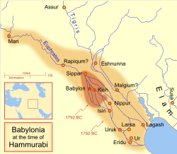 The extent of the Babylonian Empire at the start and end of Hammurabi's reign, located in what today is modern day Iraq and Iran