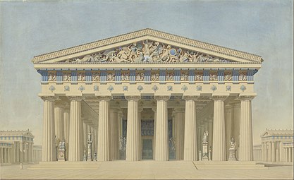 19th century illustration of the main façade of the Ancient Greek Temple T at Selinunte, Sicily, Italy, showing how all the ancient Doric buildings were polychromatic, by Jacques Ignace Hittorff, before 1859