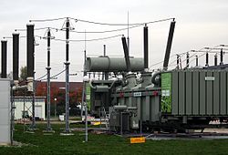 Transformator mit vermutlich erzwungener oder gerichteter Esterölkühlung, Radiatoren und Lüftern (KFAF oder KDAF)