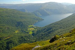 Lakså seen from the hill Tverrstigfjellet. The Laksåga River empties into Lakså Bay.