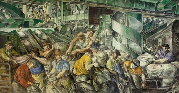 Workers sorting the mail, a mural in the Ariel Rios Federal Building, Washington, D.C., by Reginald Marsh (1936)
