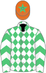 Emerald green and white diamonds, white sleeves, emerald green chevrons, orange cap, emerald green star