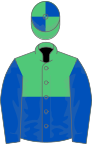 Emerald Green and Royal Blue (halved horizontally), royal blue sleeves, quartered cap