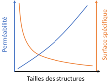 graphique présentant l'évolution de la surface spécifique et de la perméabilité d'une électrode de carbone avec l'augmentation de la taille des fibres. Les tendances sont opposées : quand la taille augmente, la perméabilité augmente et la surface baisse