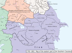 Political map of the eastern part of the Southern Caucasus between 1795–1801. Shamshadil is located in the southern part of the Kingdom of Kartli-Kakheti