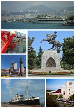 Clockwise from top right: Samsunum-1 ship and coast, Statue of Honor, Atatürk Culture Centre, Bandırma Ferry and National Struggle Park Open Air Museum, Saathane Square, Store 55