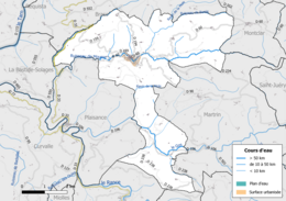 Carte en couleur présentant le réseau hydrographique de la commune