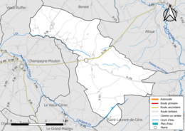 Carte en couleur présentant le réseau hydrographique de la commune