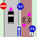 One way street with a single two way cycle track on right