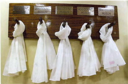 Display of Bengal muslin fabrics, which are woven from 100 count to 500 count yarns.