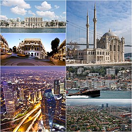 Clockwise from top right: Ortaköy Mosque; Arnavutköy; Levent and Etiler; view of Büyükdere Avenue; Akaretler Row Houses; and Dolmabahçe Palace