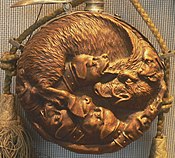 Wild boar with boarhounds. Silver powder flask, Germany, 16th century
