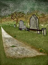 Color painting of tombstones, one on the left with inscriptions and on the right either blank or facing away; in front of these, a paved patch abruptly ends.