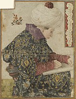 The seated scribe, traditionally attributed to Gentile Bellini, may actually have been painted by Costanzo da Ferrara.[5][4]