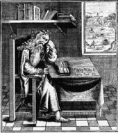 A man sits on a large ornate chair, resting his left elbow on a desk, his clenched fist supporting his head. In his right hand, at his waist, he holds a walking cane. He wears a cloak and a long beard, and his slippered feet rest on a chequered or tiled floor. On the desk lies an open book. Above his head the wall contains a shelf, filled with books. A picture hangs from the wall showing a country scene with a large mansion or castle