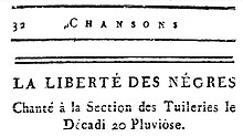 Title of the French song 'La Liberté des Nègres' in Piis' work.