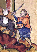Campesino arreando mulas de carga. Biblia Maciejowski, hacia 1250.