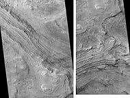 Two views of Melas Chasma Layered Deposits, as seen by HiRISE. Left picture lies north of other picture on the right. Pictures are not the same scale. Click on image to see details of layers.