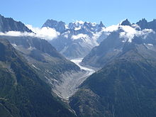 Vue contemporaine d'une vallée glaciaire avec son glacier largement recouvert de roches grises.