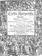 A Czech example of Fraktur: Title page of Česká mariánská muzika by Adam Václav Michna z Otradovic (1647) ("Cżeská maryánska muzyka" by old orthography)