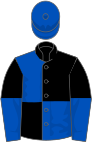 Royal blue and black (quartered), halved sleeves, royal blue cap