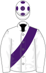WHITE, purple sash, white cap, purple spots