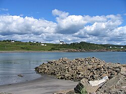 Magpie village,[1] Harbour, Saint-Octave catholic church,[2] from Fishermen's St