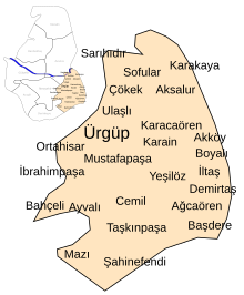 Mapa esquemático de Ürgüp e sua localização na província de Nevşehir