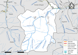 Carte en couleur présentant le réseau hydrographique de la commune