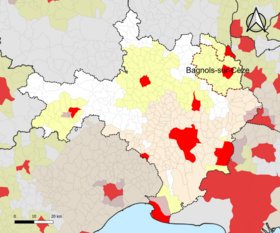 Localisation de l'aire d'attraction de Bagnols-sur-Cèze dans le département du Gard.