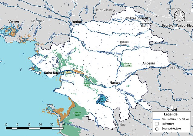 Carte des cours d'eau de longueur supérieure à 50 km de la Loire-Atlantique.