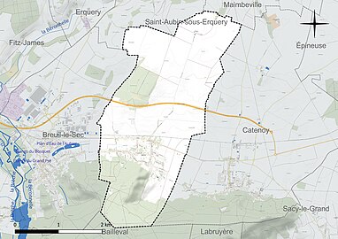 Carte en couleur présentant le réseau hydrographique de la commune