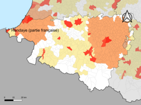 Localisation de l'aire d'attraction d'Hendaye (partie française) dans le département des Pyrénées-Atlantiques.