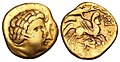 Gold stater of the Cenomani, on the reverse an androcephalous horse led by a charioteer extending a vexillum in front of it, riding over a fallen enemy.