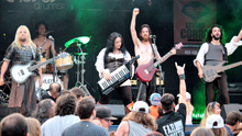 Distoriam performing in Waterloo, QC promoting Chapter I: Vinlanders, July 16th, 2016. From left to right: Tommy Dufault, Marc-André Lépine (Ex Member), Sabrina Mazerolle (Ex Member), Jean-Christophe Arsenault (Ex Member) and Yann Pouliot (Ex Member). Not in the picture: Francis Beaudet, Dominic Bourke