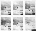 A six-frame gun camera sequence of a pilot ejecting from a stricken MiG-15 during the Korean War