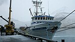 The F/V Northwestern docked at the Trident Shore Plant in Akutan, Alaska