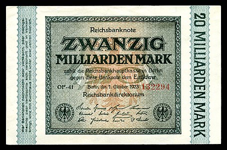 Twenty-billion Mark at German Papiermark, by the Reichsbankdirektorium Berlin
