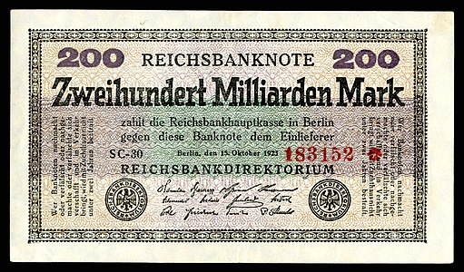 Two-hundred-billion Mark at German Papiermark, by the Reichsbankdirektorium Berlin