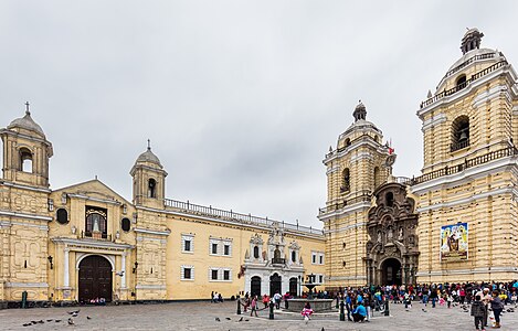 Panorama of the façade of the Basilica and Convent of San Francisco, Lima, built between 1657-1672 by the Portuguese Constantino de Vasconcellos and the Liman Manuel Escobar, is a World Heritage City by UNESCO