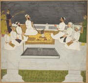 Abdullah Khan (Gold Cummerbund) with his brothers. Seated opposite his younger brother Nawab Hussain Ali Khan Barha (without a cummerbund).
