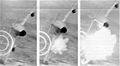 A three-frame gun camera sequence of a Vietnam People's Air Force MiG-17 being shot down by a U.S. Air Force F-105D Thunderchief during the Vietnam War