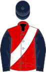 Red, white sash, dark blue sleeves and cap