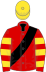Red, black sash, red and yellow hooped sleeves, yellow cap