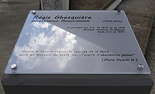 Commemorative plaque in honour of Régis Ghesquière at the Furturosport in Mouscron, Belgium.