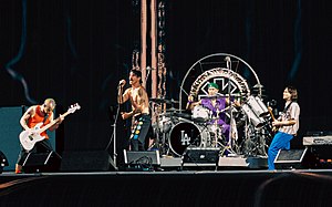 The band playing live in London in 2022. From left: Flea, Anthony Kiedis, Chad Smith, John Frusciante.