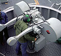 A late Cold War era U.S. Navy Mark 115 Sea Sparrow fire control system director on board a Nimitz-class aircraft carrier.