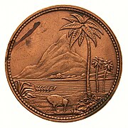 The reverse of a copper penny token, featuring a view of Mount Taranaki, with palm trees, a Maori war canoe, and a kiwi.