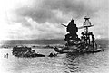 The wreck of the USS Arizona from port bow looking aft.